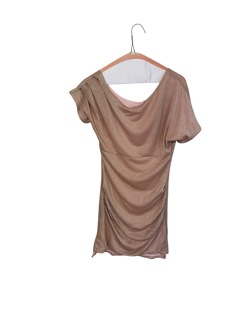 Shimmer Rose Gold Draped Short Sleeve Dress